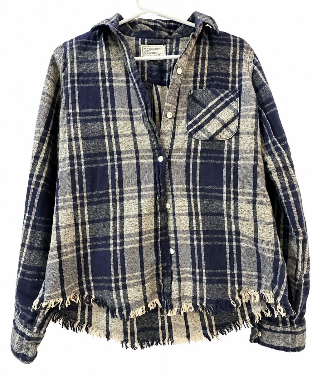 Current/Elliott The Prep School Voyager Plaid Fringe Shirt Women’s S Blue Gray